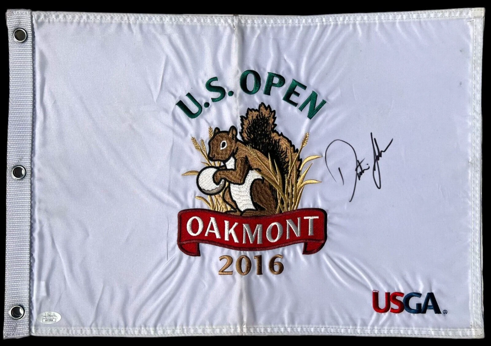 DUSTIN JOHNSON SIGNED AUTOGRAPHED 2016 US OPEN OAKMONT PIN FLAG MASTERS JSA