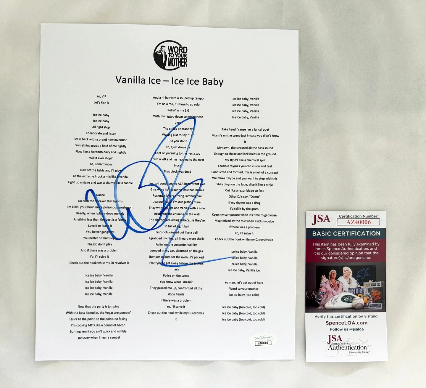 Vanilla Ice Signed Lyric Sheet Ice Ice Baby JSA 5 COA