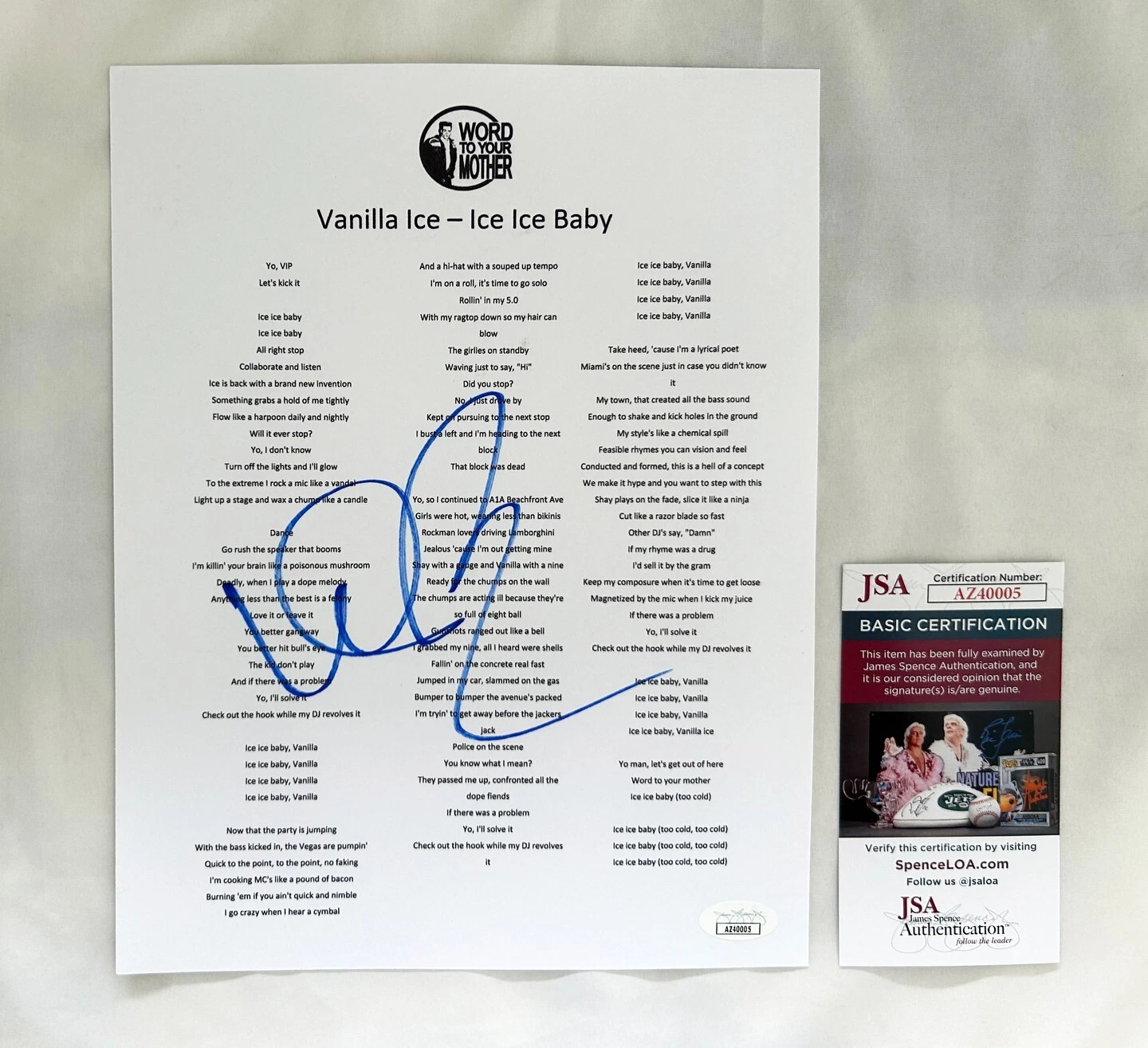 Vanilla Ice Signed Lyric Sheet Ice Ice Baby JSA 4 COA