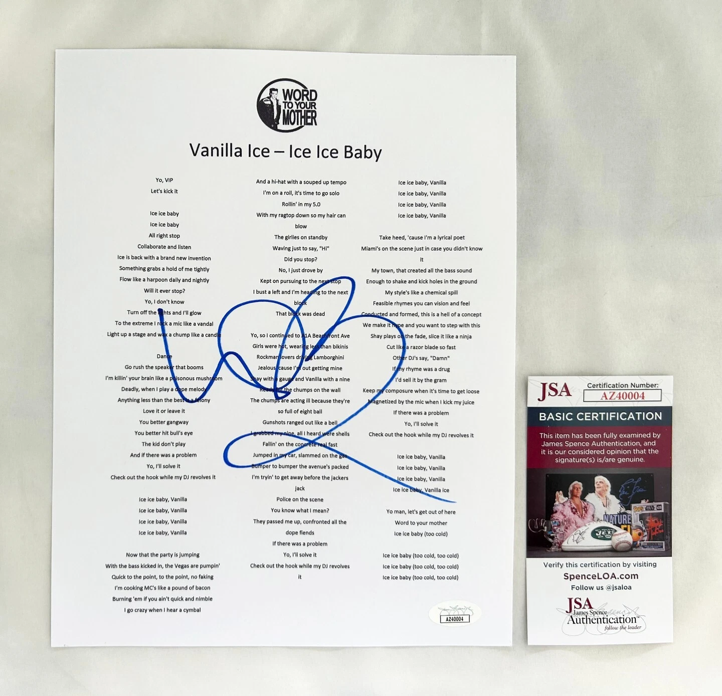Vanilla Ice Signed Lyric Sheet Ice Ice Baby JSA 3 COA