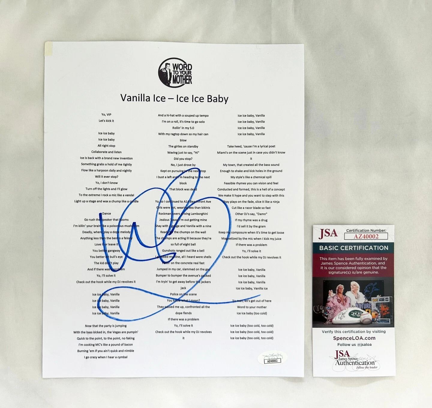 Vanilla Ice Signed Lyric Sheet Ice Ice Baby JSA 1 COA