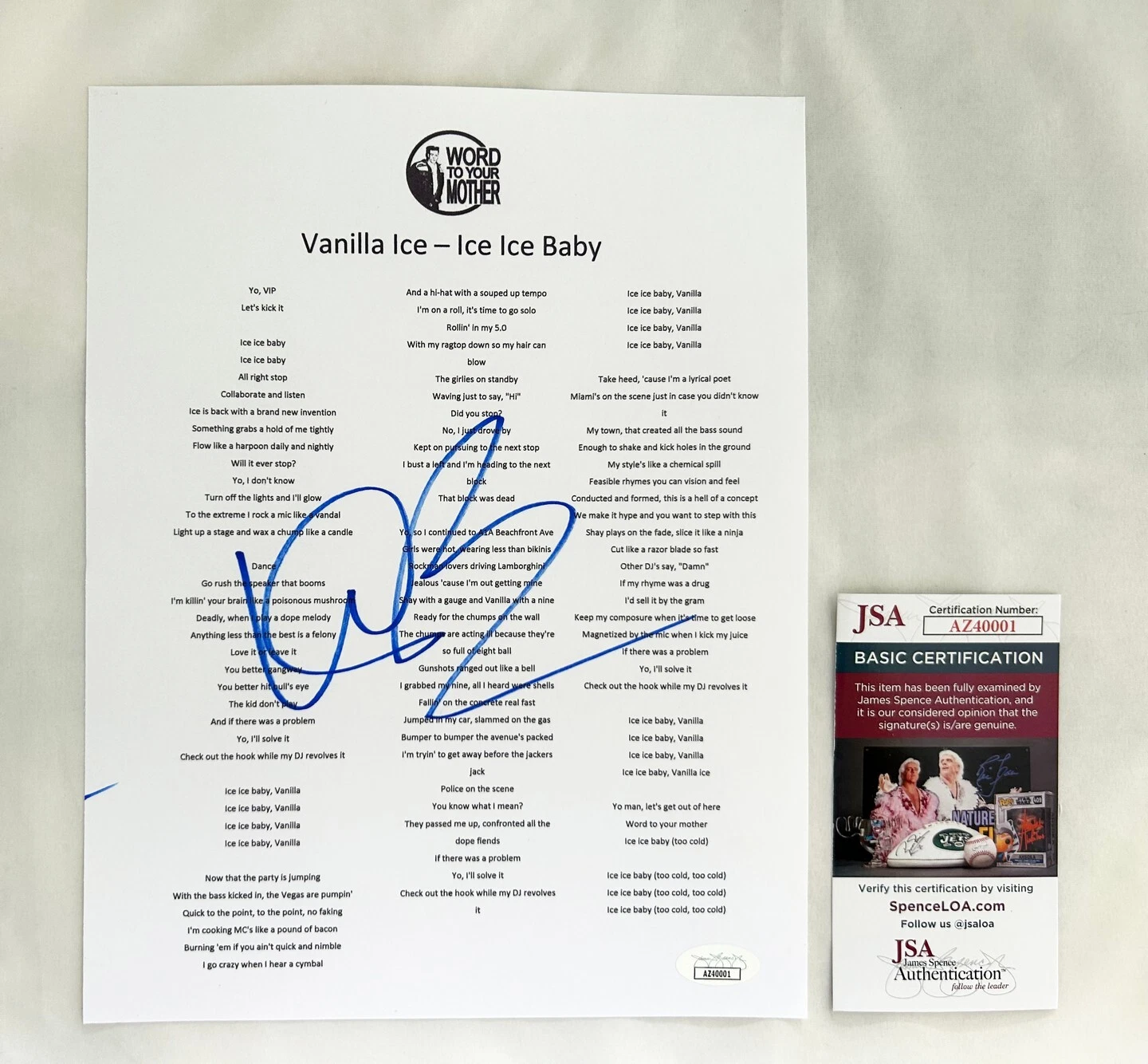 Vanilla Ice Signed Lyric Sheet Ice Ice Baby JSA COA