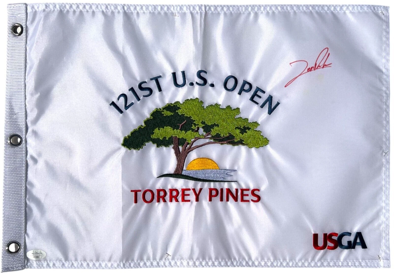 JON RAHM SIGNED AUTOGRAPHED 2021 US OPEN PIN FLAG TORREY PINES GOLF MASTERS JSA