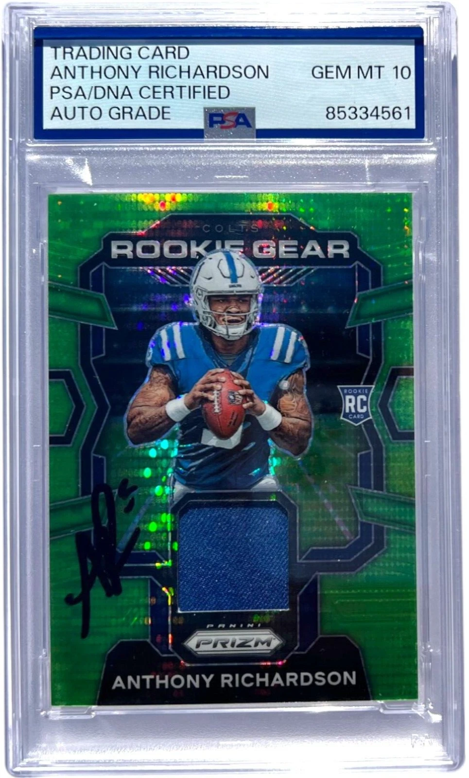 ANTHONY RICHARDSON SIGNED 2023 PANINI PRIZM GREEN PATCH RC PSA/DNA AUTO 10