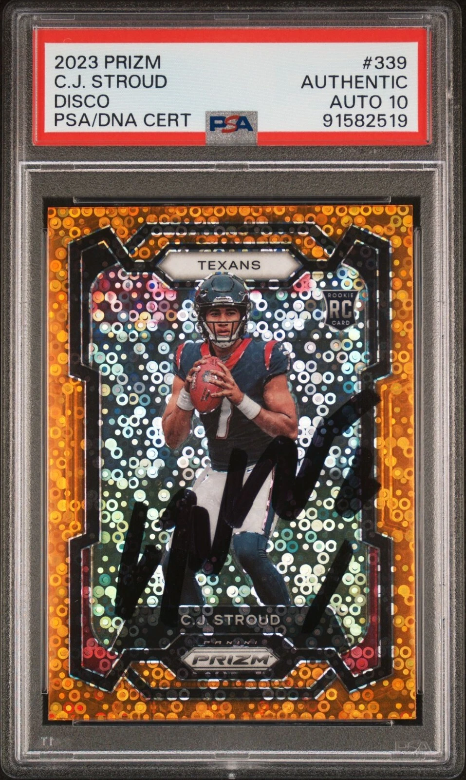C.J. CJ STROUD SIGNED 2023 PANINI PRIZM ORANGE DISCO ROOKIE CARD PSA/DNA AUTO 10