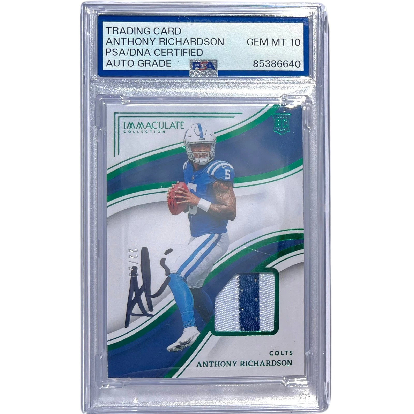 ANTHONY RICHARDSON SIGNED 2023 IMMACULATE EMERALD PATCH /23 PSA/DNA AUTO 10