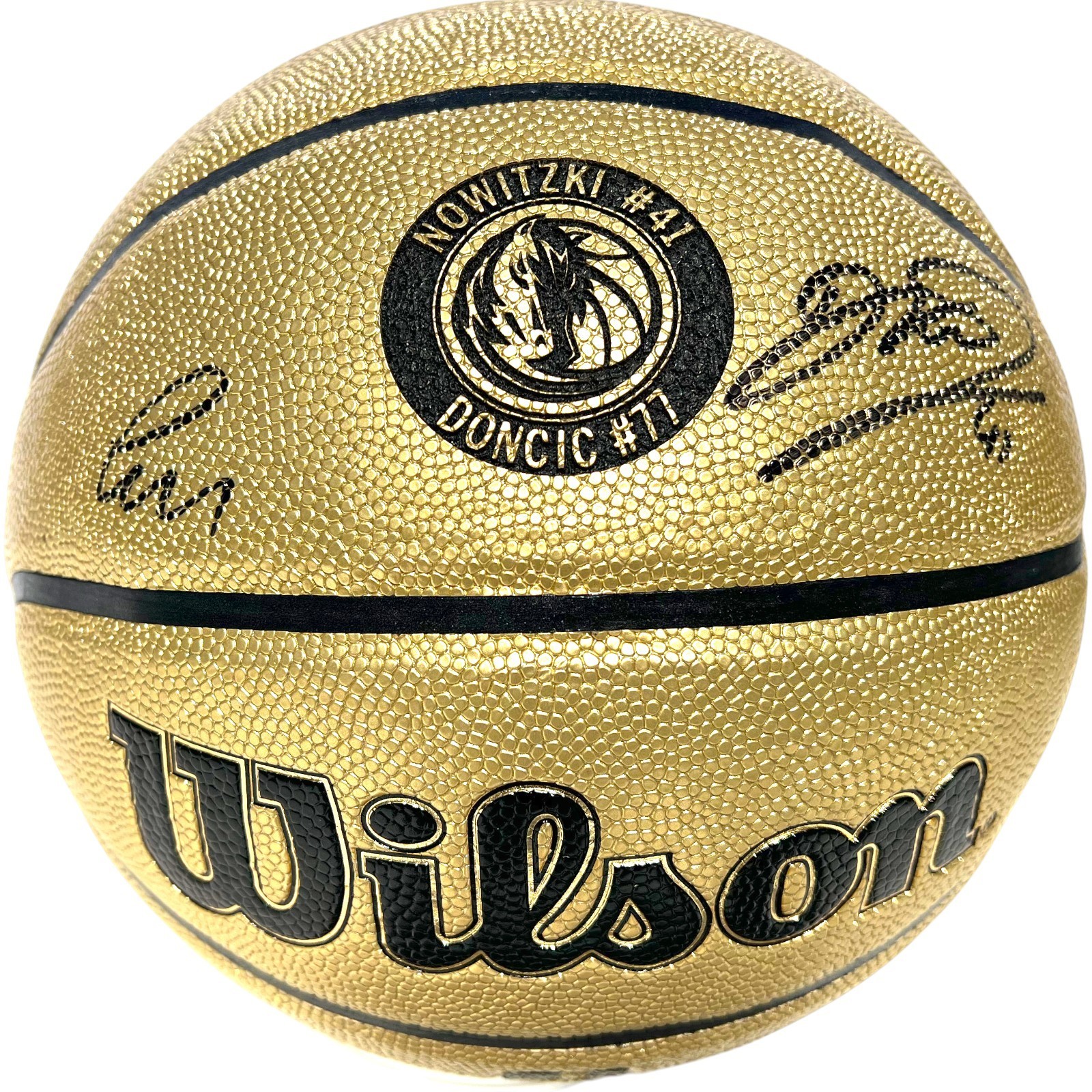 LUKA DONCIC & DIRK NOWITZKI SIGNED DALLAS MAVERICKS GOLD WILSON BASKETBALL JSA