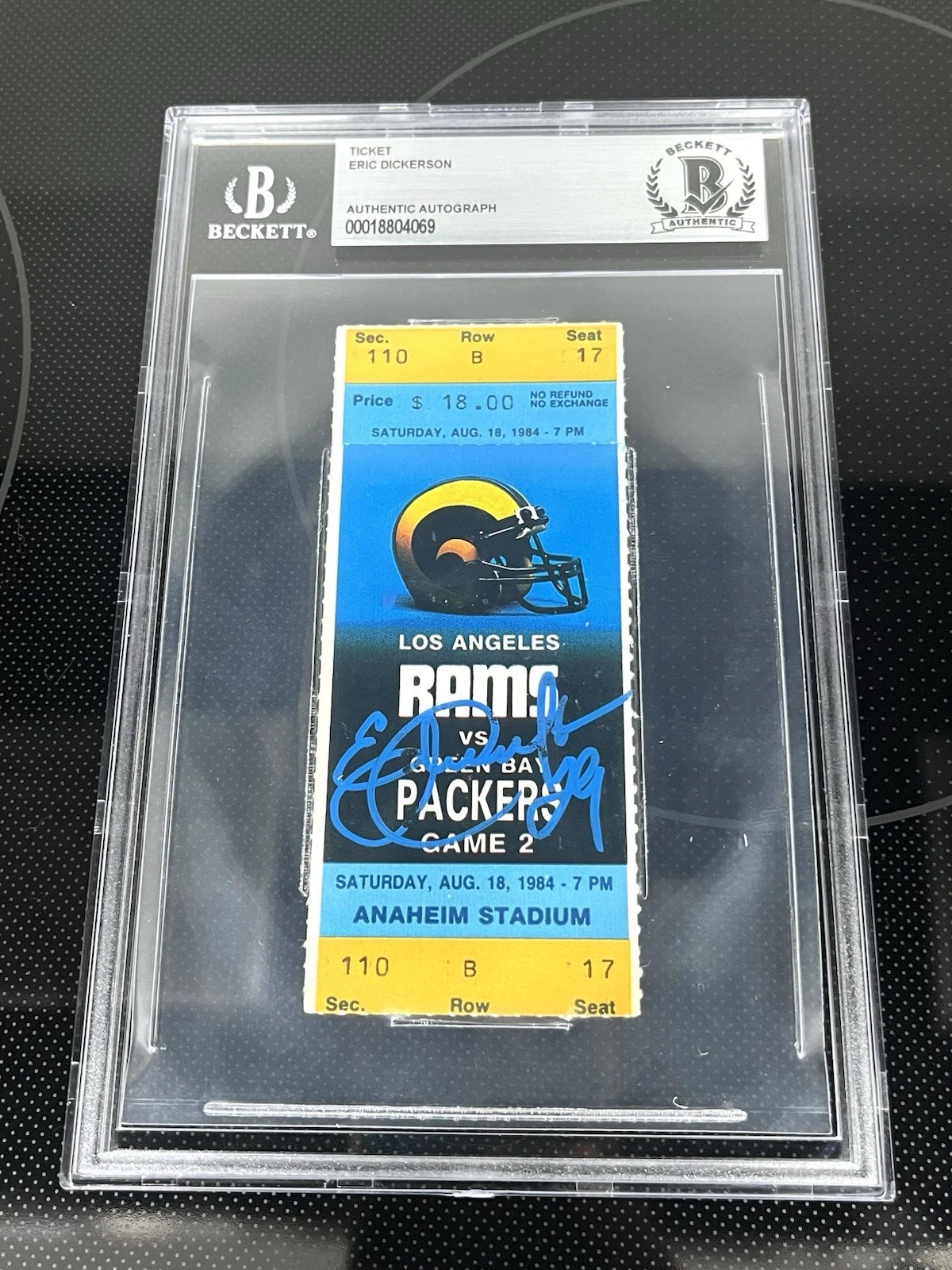 Eric Dickerson Signed Record Year Ticket Stub 08/18/1983 Beckett Encap