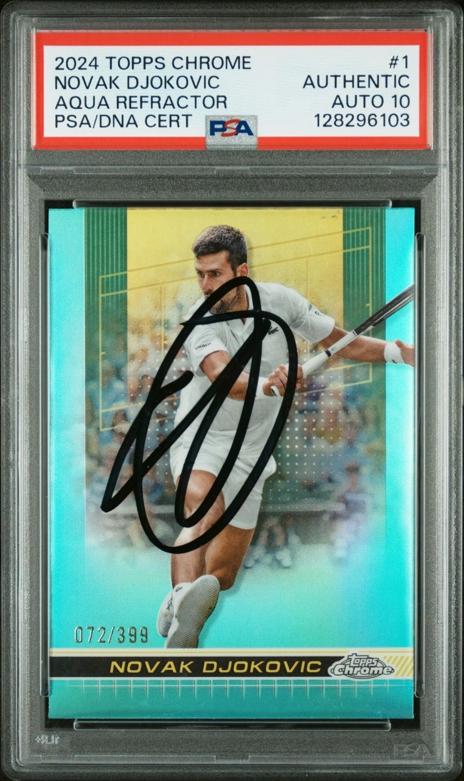 NOVAK DJOKOVIC SIGNED 2024 TOPPS CHROME AQUA REFRACTOR /399 PSA AUTO 10