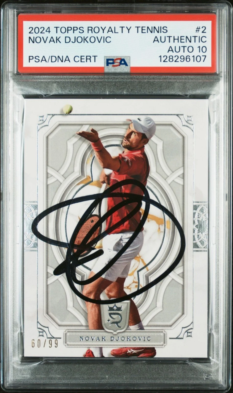 NOVAK DJOKOVIC SIGNED 2024 TOPPS ROYALTY TENNIS #2 CARD /99 PSA AUTO 10