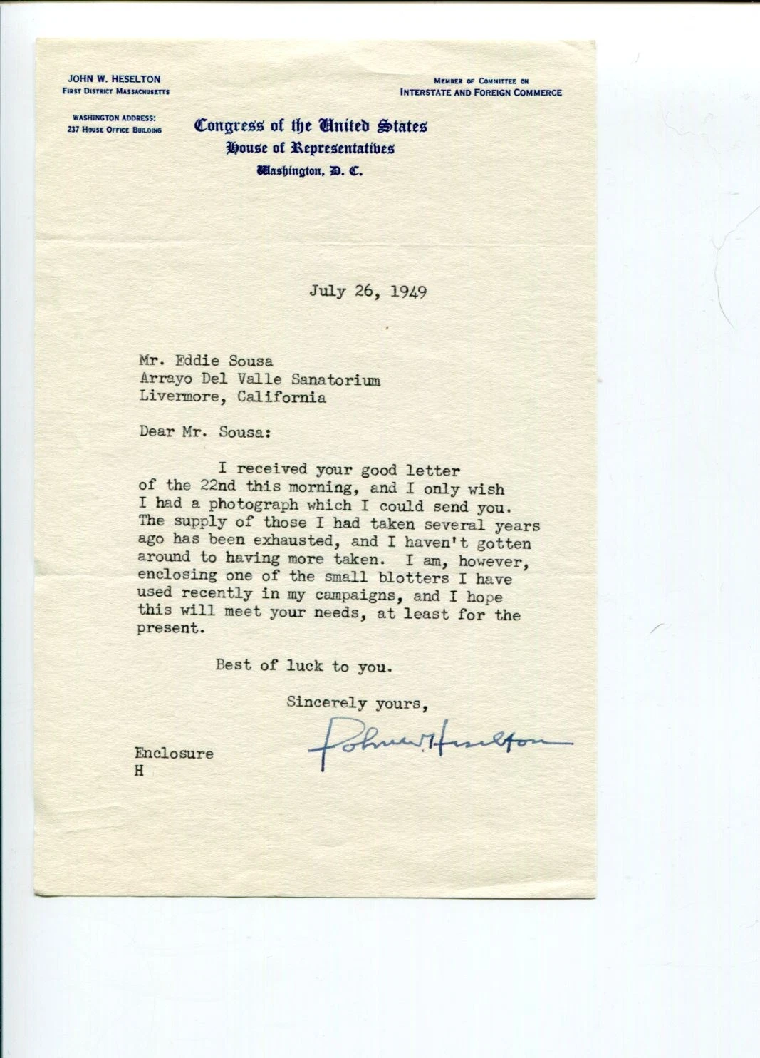 John W. Heselton Massachusetts Representative Congress Signed Autograph TSL