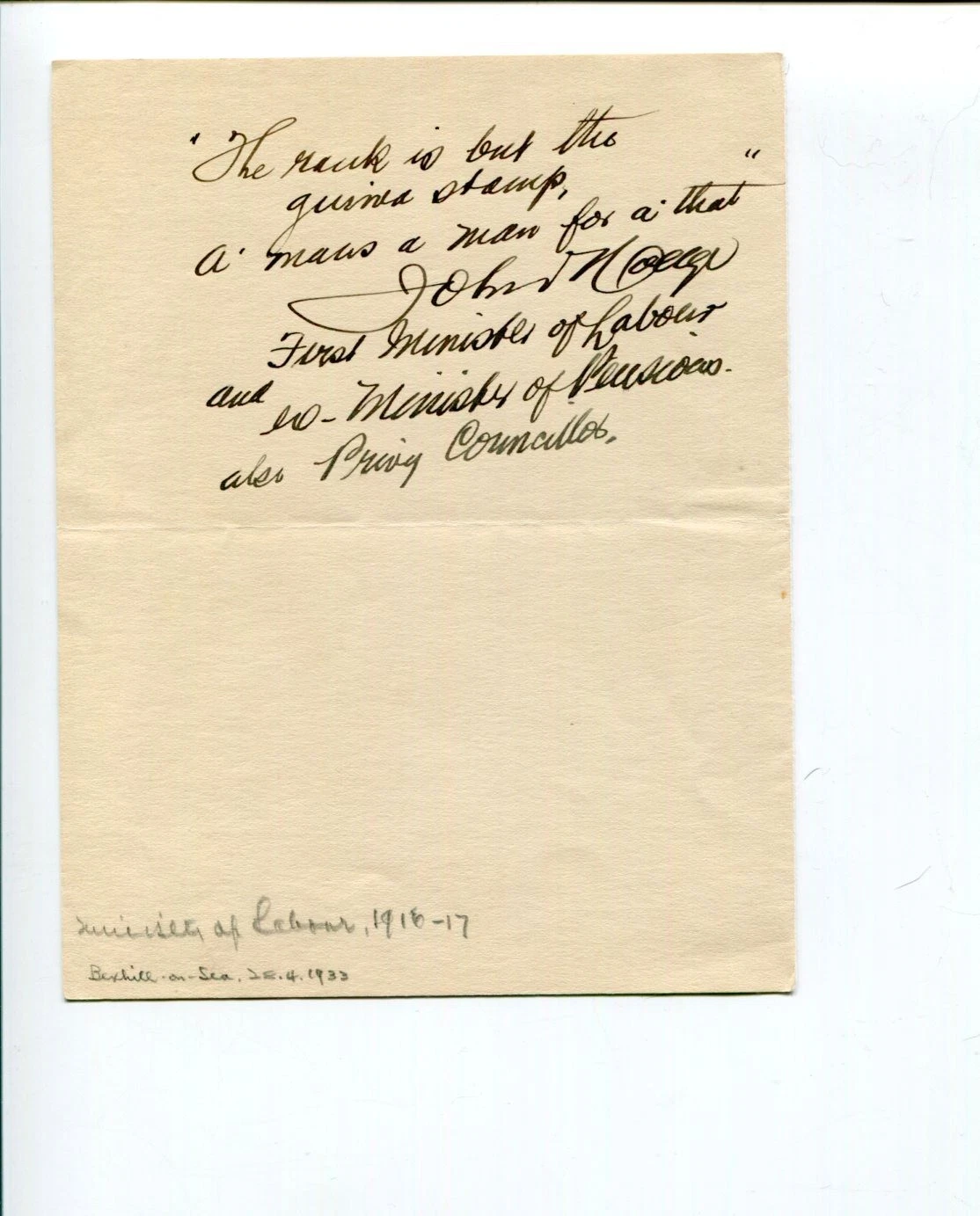 John Hodge 1st UK Minister of Labour Minister of Pensions Signed Autograph ALS