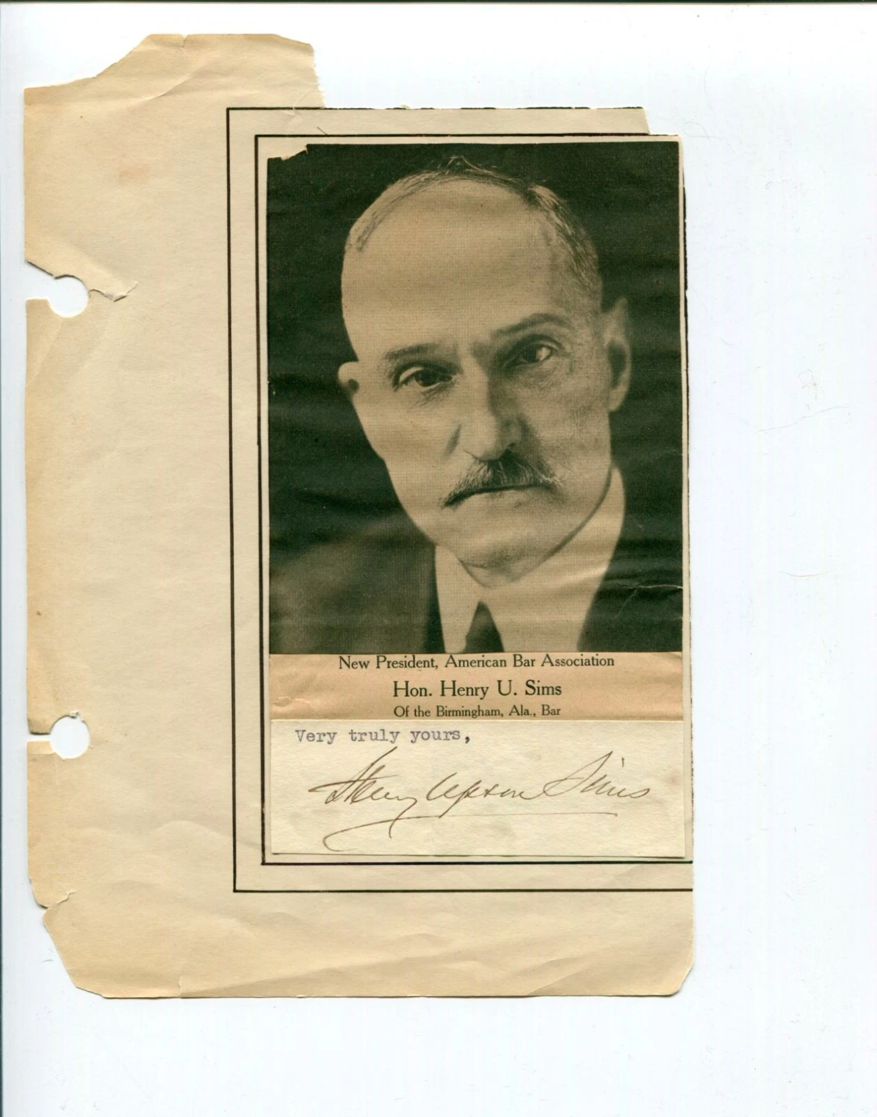 Henry Upton Sims American Bar Association President Lawyer Signed Autograph