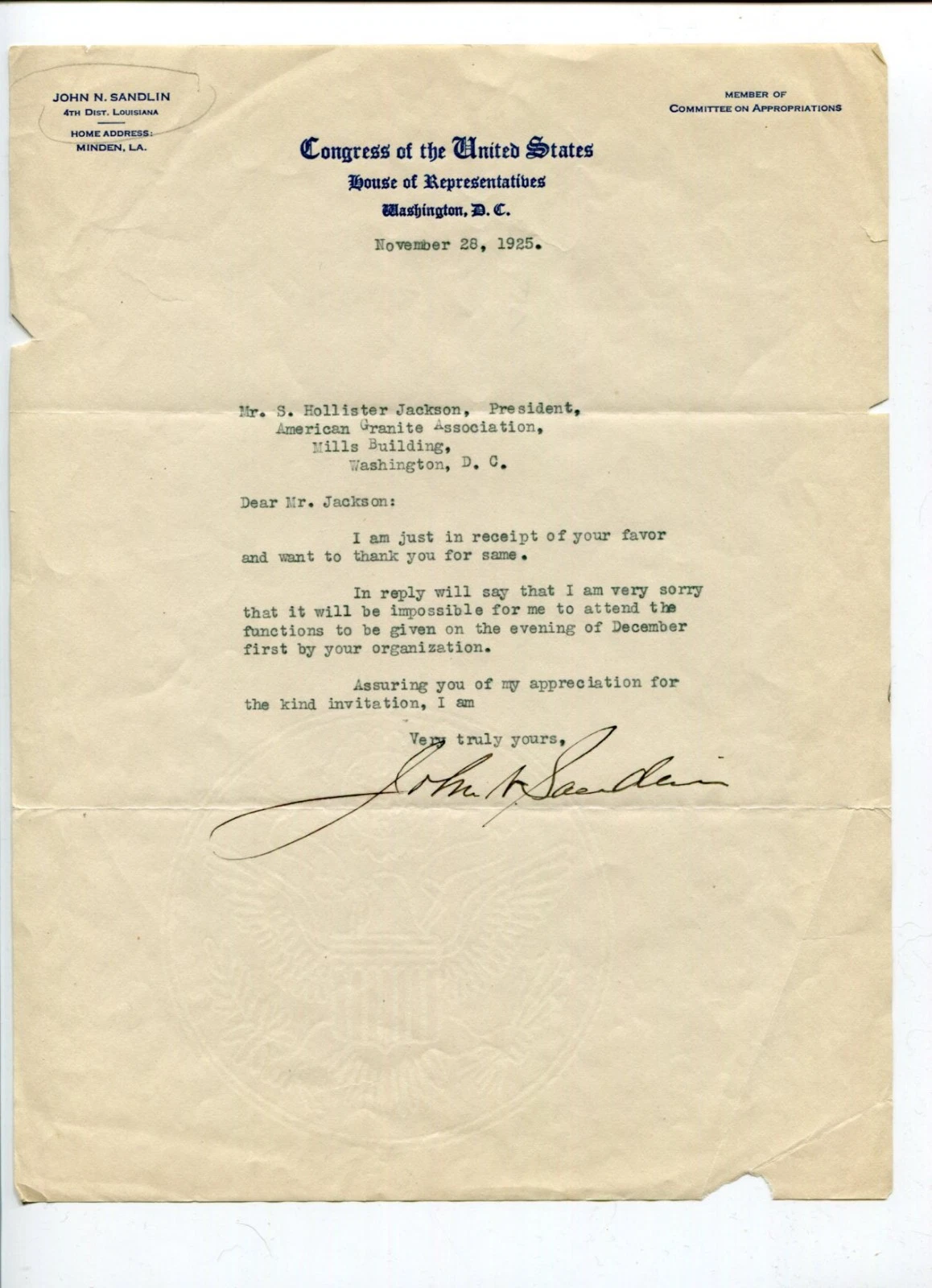 John N. Sandlin Louisiana US Representative Congress Signed Autograph TSL