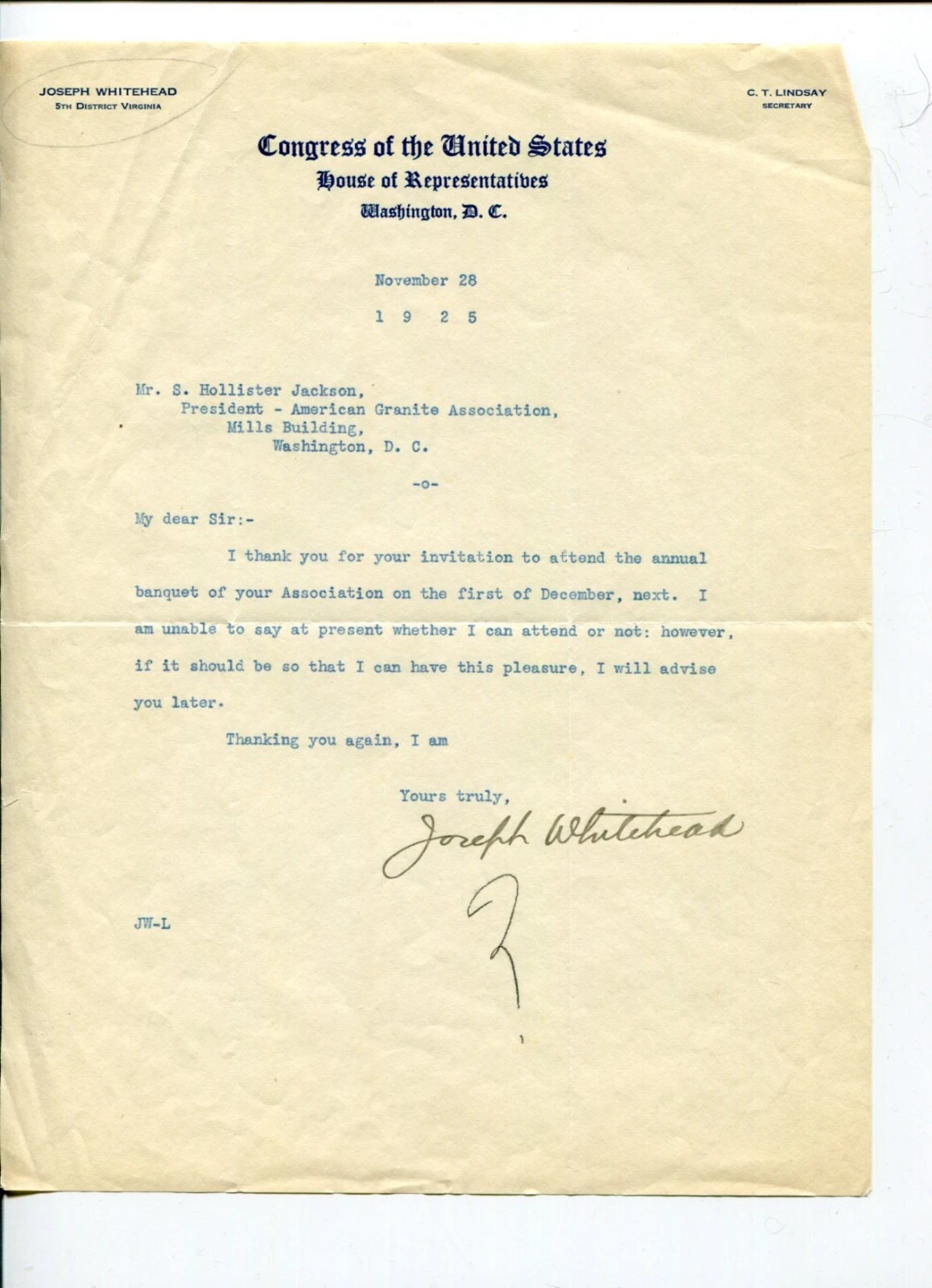 Joseph Whitehead Virginia US Representative Congress Signed Autograph TSL