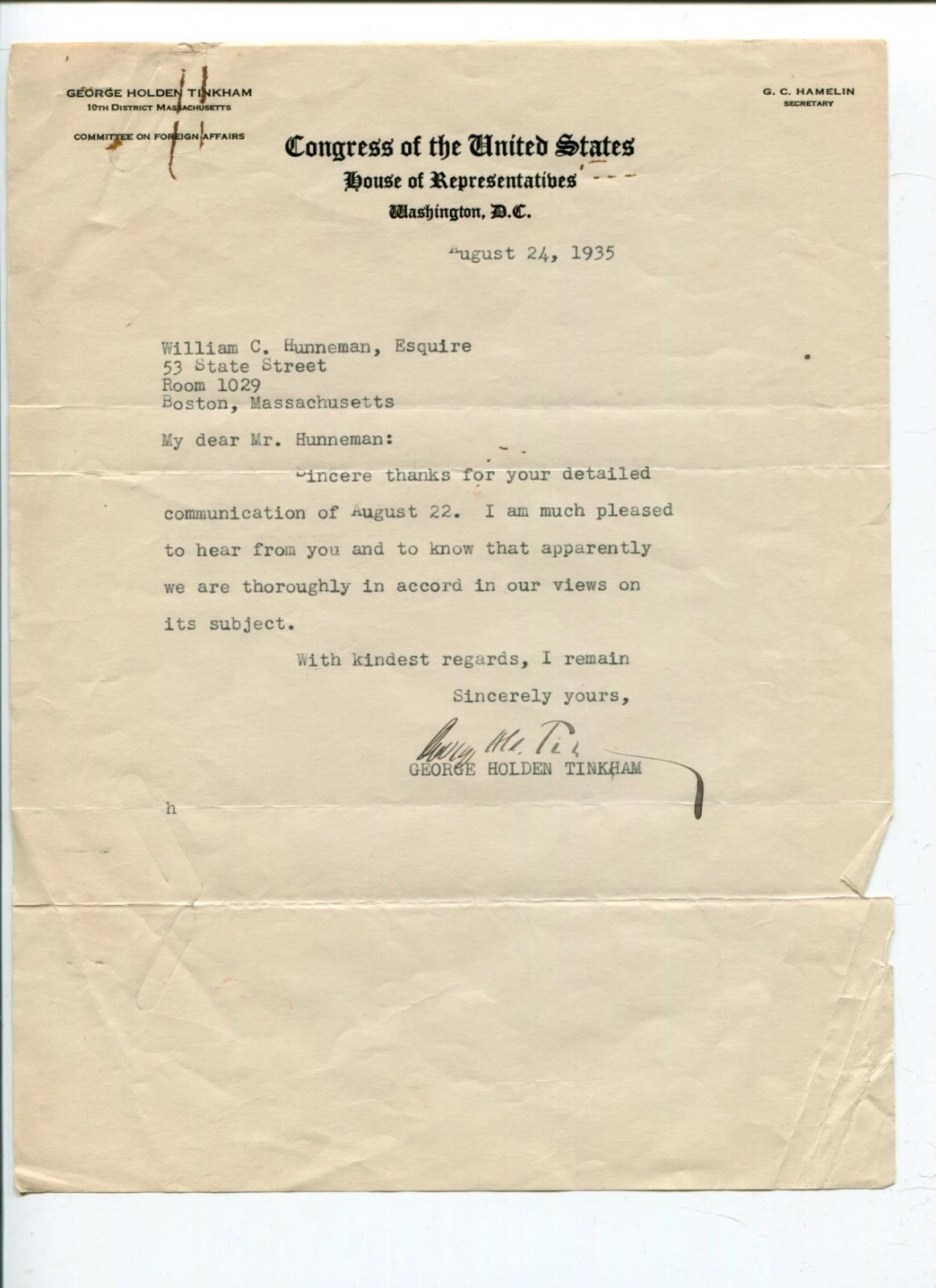 George Tinkham Massachusetts US Representative Congress Signed Autograph TSL