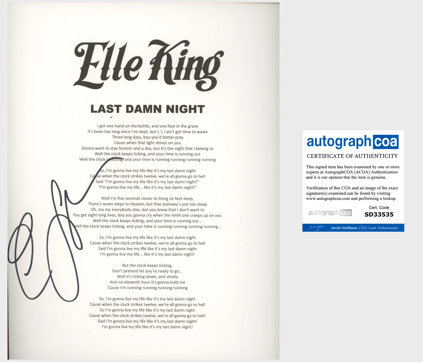 ELLE KING SIGNED AUTOGRAPH LAST DAMN NIGHT LYRICS SHEET w/PROOF & ACOA COA