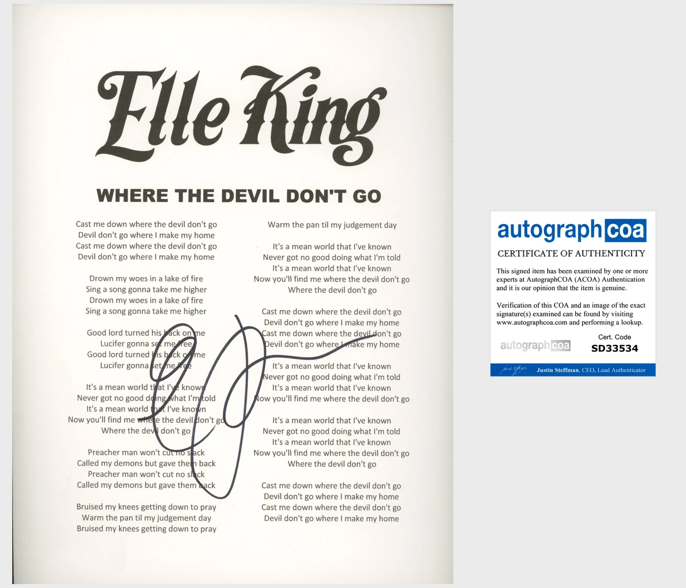 ELLE KING SIGNED AUTOGRAPH WHERE THE DEVIL DON'T GO LYRIC SHEET w/PROOF ACOA COA
