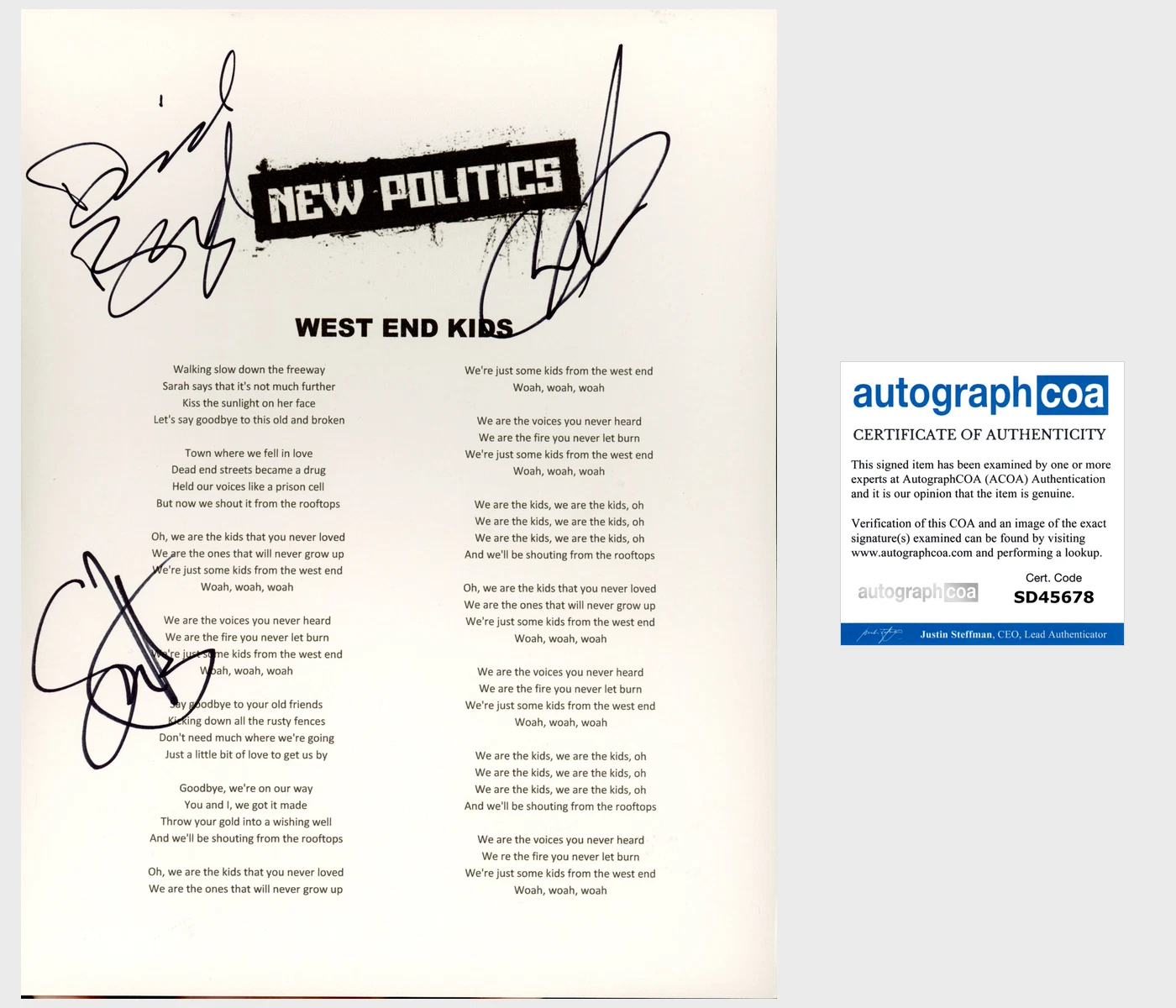 NEW POLITICS SIGNED WEST END KIDS LYRICS SHEET w/PROOF & AUTOGRAPH COA ACOA