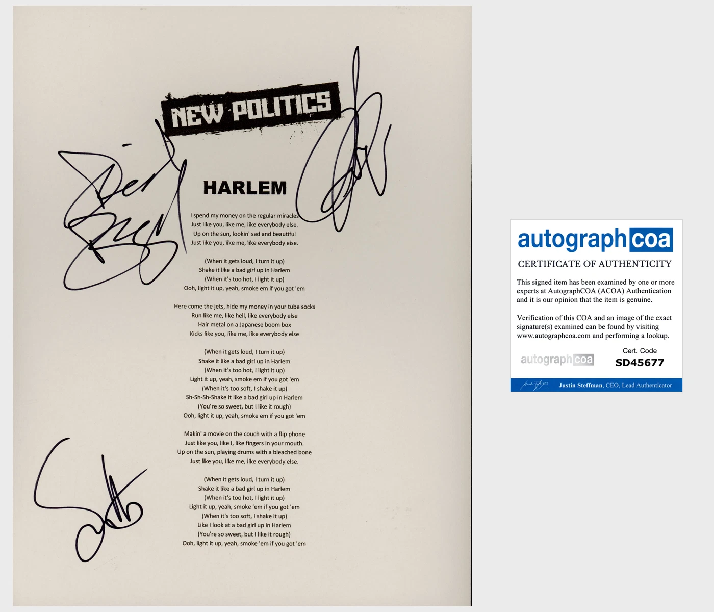 NEW POLITICS SIGNED AUTOGRAPH HARLEM LYRICS SHEET w/PROOF & COA ACOA