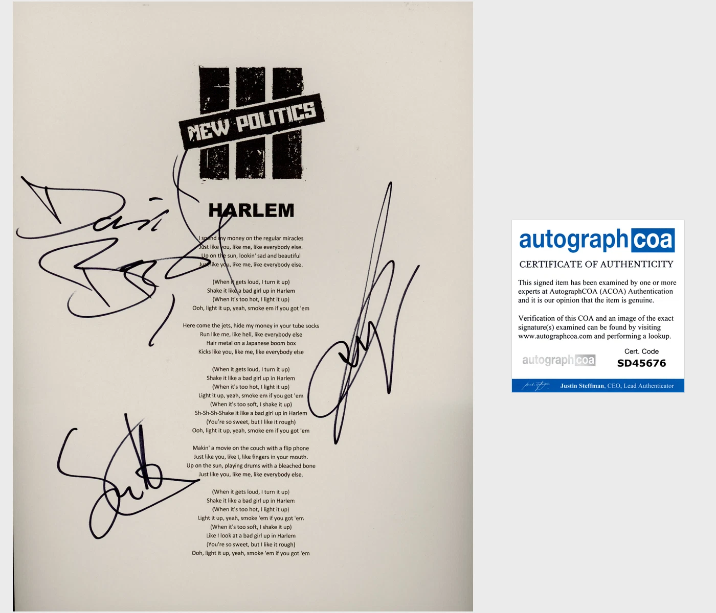 NEW POLITICS SIGNED HARLEM LYRICS SHEET w/PROOF & AUTOGRAPH COA ACOA
