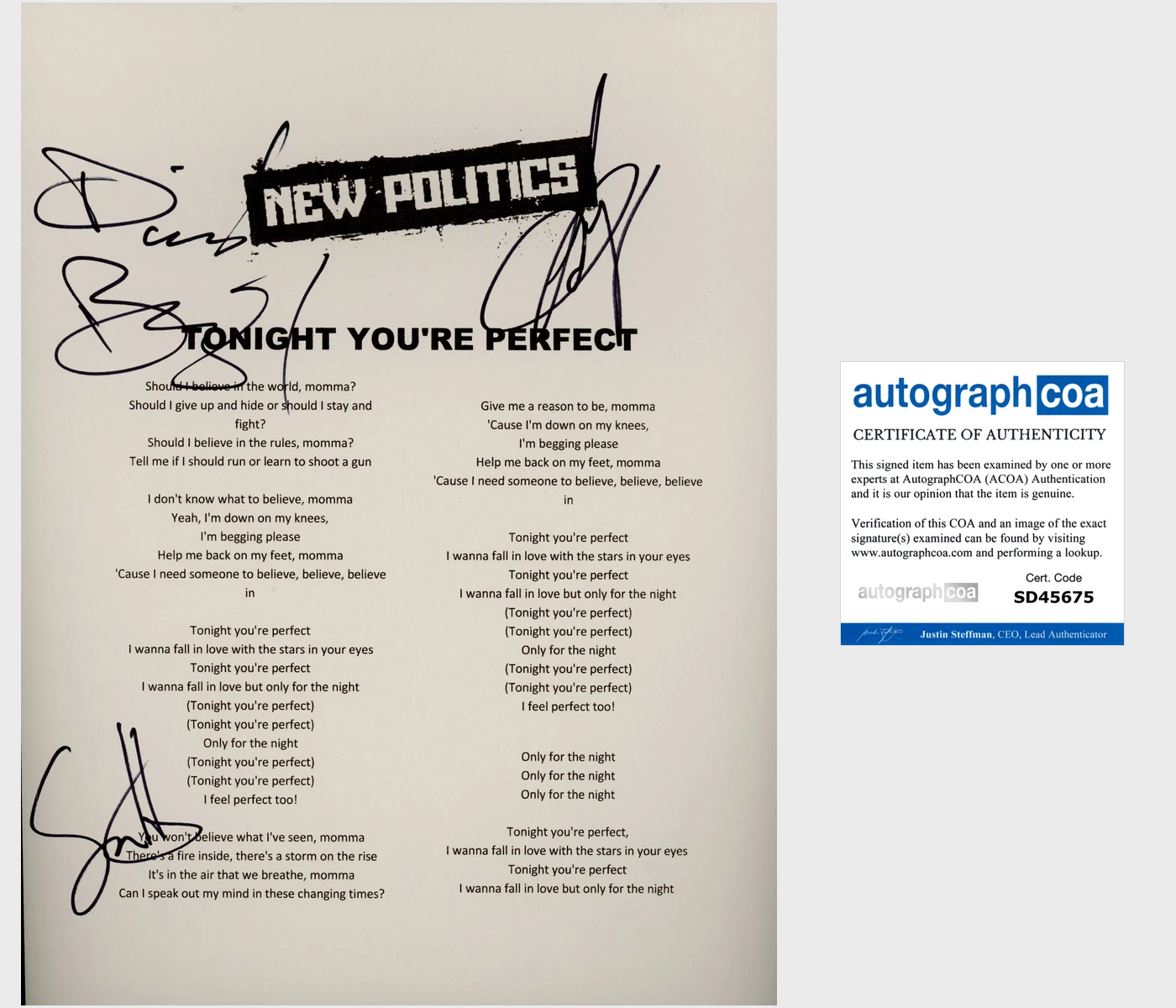 NEW POLITICS SIGNED TONIGHT YOU'RE PERFECT LYRIC SHEET w/PROOF & AUTOGRAPH COA