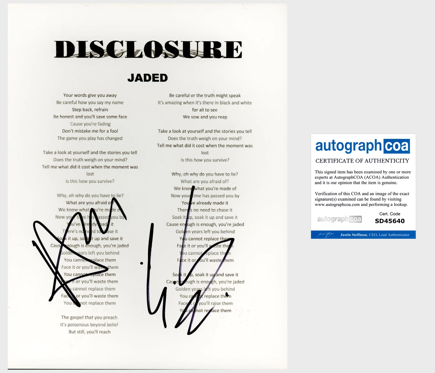 DISCLOSURE GUY & HOWARD LAWRENCE SIGNED JADED LYRICS SHEET w/PROOF AUTOGRAPH COA