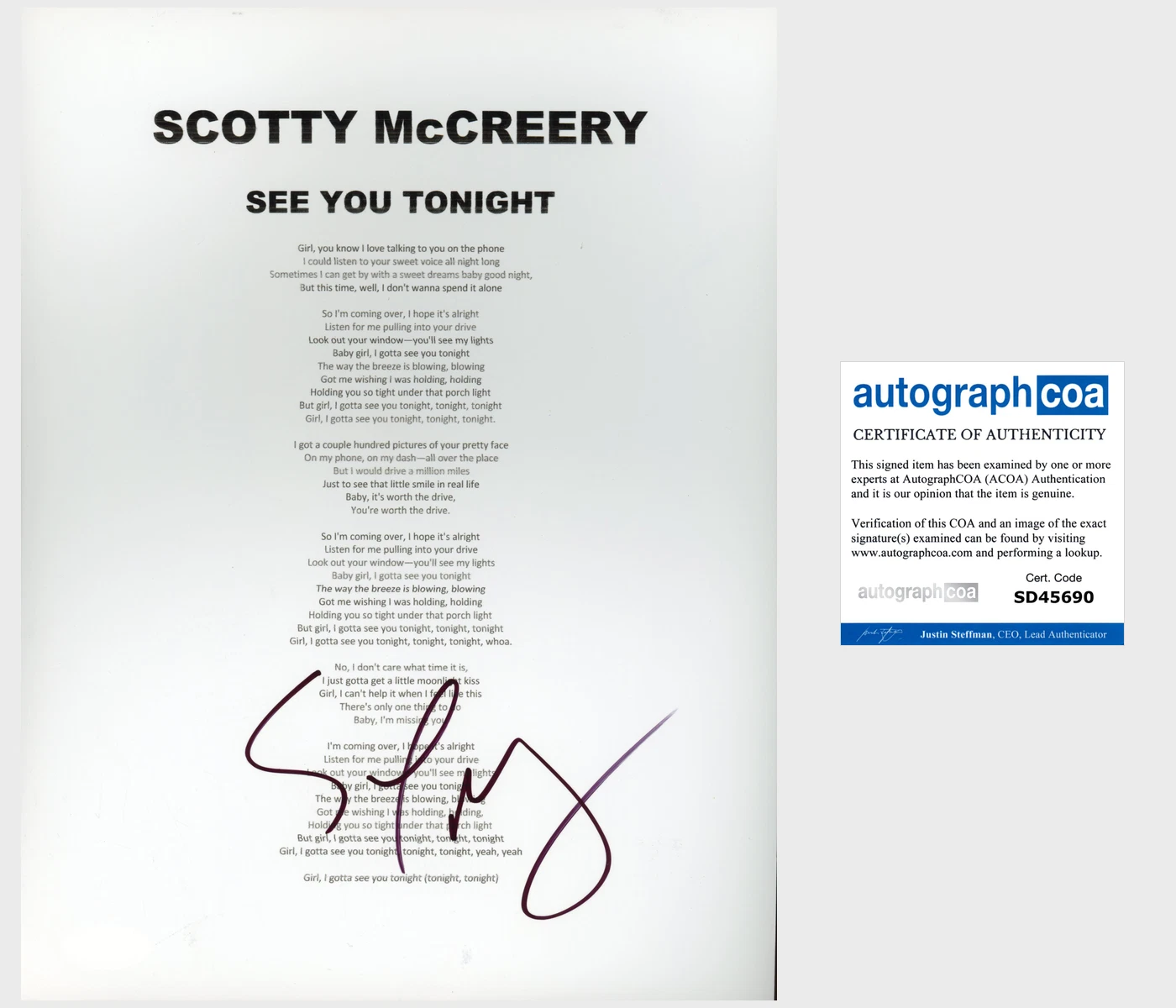 SCOTTY MCCREERY SIGNED SEE YOU TONIGHT LYRICS SHEET w/PROOF & AUTOGRAPH COA ACOA
