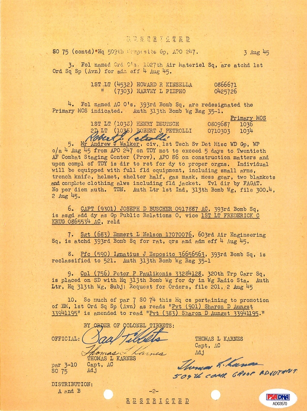 PAUL TIBBETS / THOMAS KARNES / ROBERT PETROLLI SIGNED DOCUMENT PSA DNA AD03570