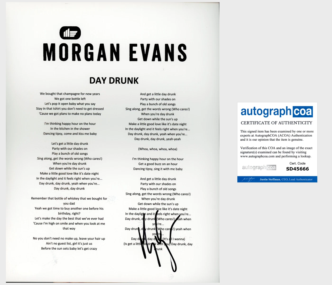 MORGAN EVANS SIGNED DAY DRUNK LYRICS SHEET w/EXACT PROOF & AUTOGRAPH COA ACOA