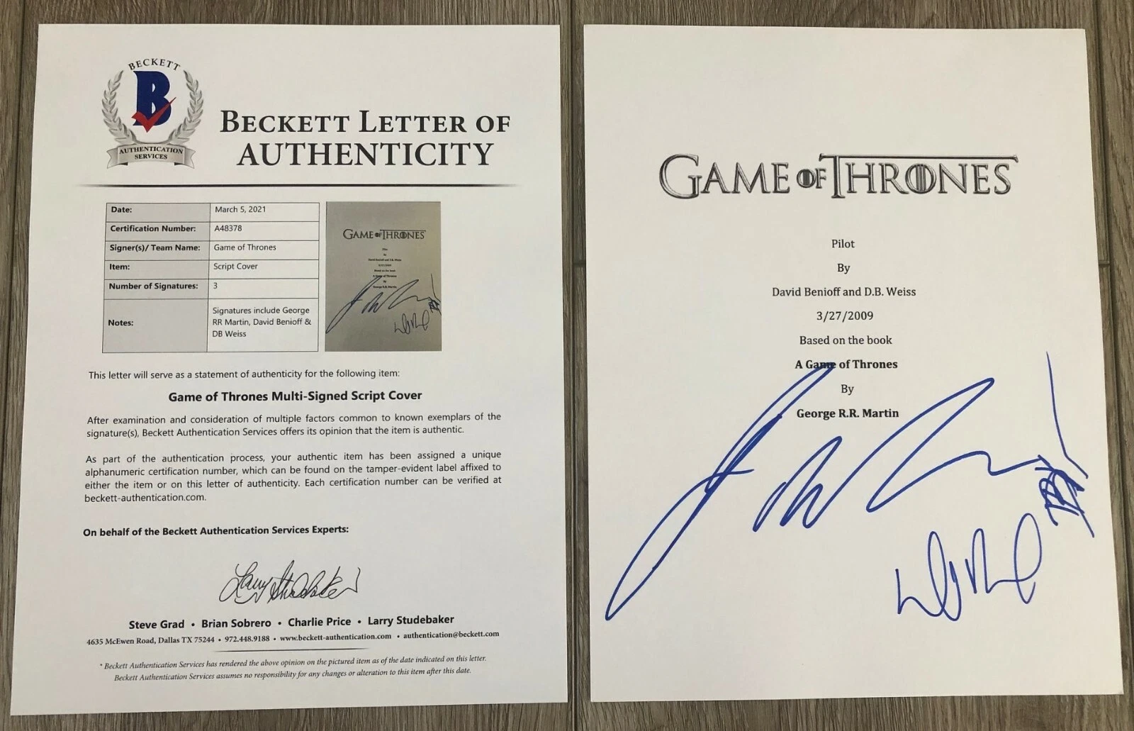 GEORGE R.R. MARTIN BENIOFF & WEISS SIGNED GAME OF THRONES PILOT SCRIPT & BAS COA