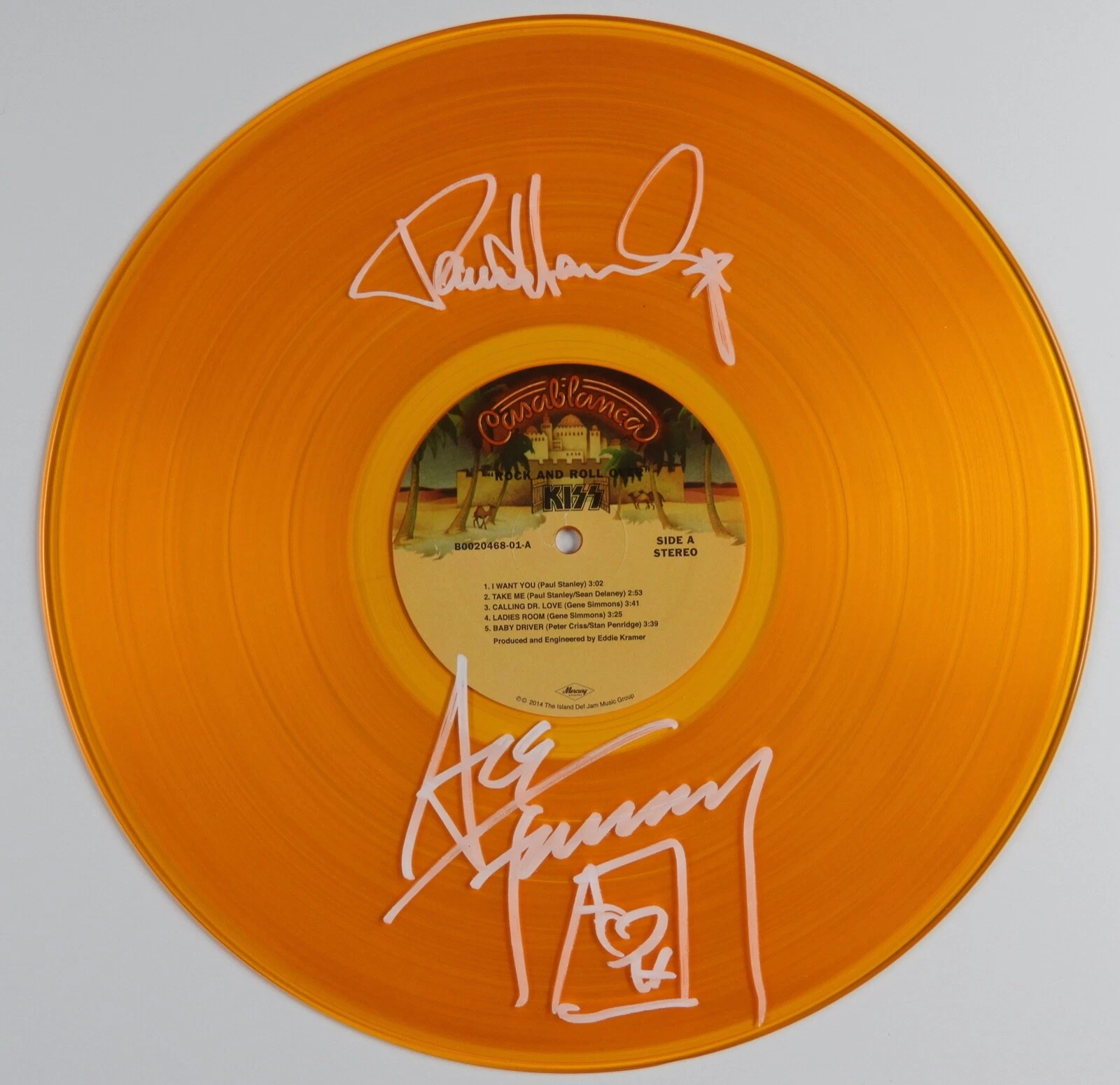 KISS JSA Paul Stanley Ace Frehley Autograph Signed Record RNRO Orange Colored