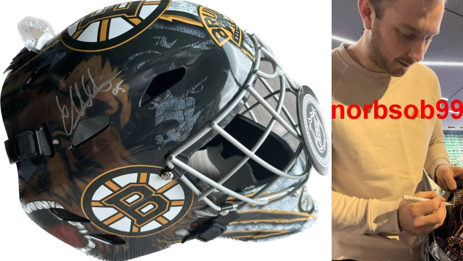 LINUS ULLMARK SIGNED BOSTON BRUINS F/S GOALIE MASK w/EXACT PROOF BECKETT BAS COA