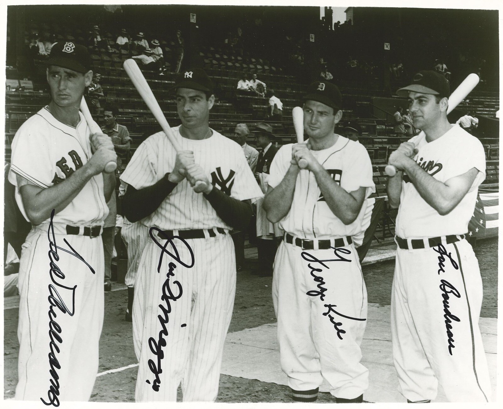 TED WILLIAMS JOE DIMAGGIO GEORGE KELL LOU BOUDREAU SIGNED 8X10 PSA DNA AF04760