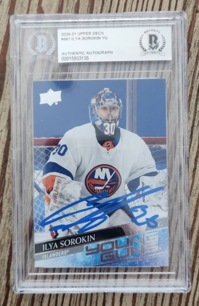 Ilya Sorokin Signed 2020-21 Upper Deck Young Guns Card Beckett Encapsulation RC1