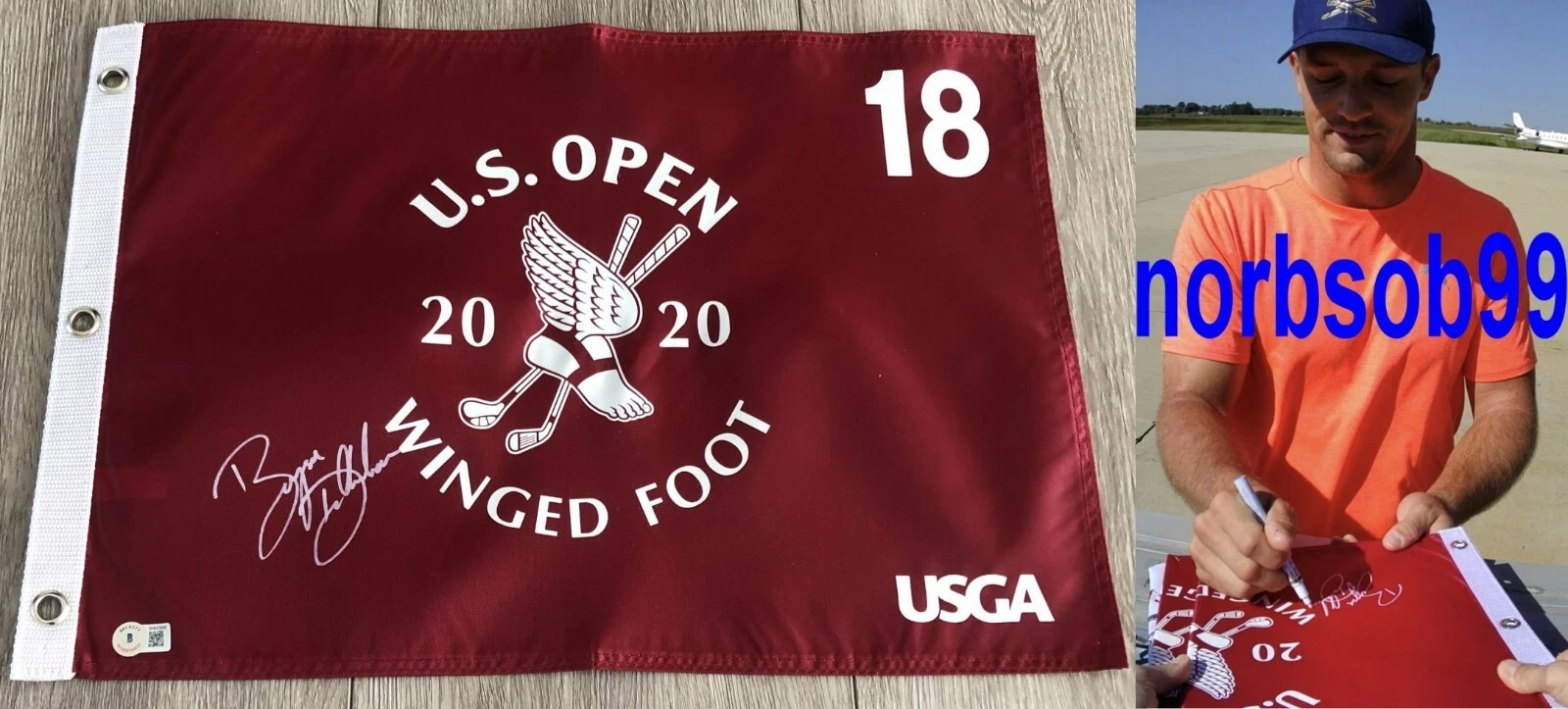 BRYSON DECHAMBEAU SIGNED WINGED FOOT 2020 US OPEN FLAG w/EXACT PROOF BECKETT COA