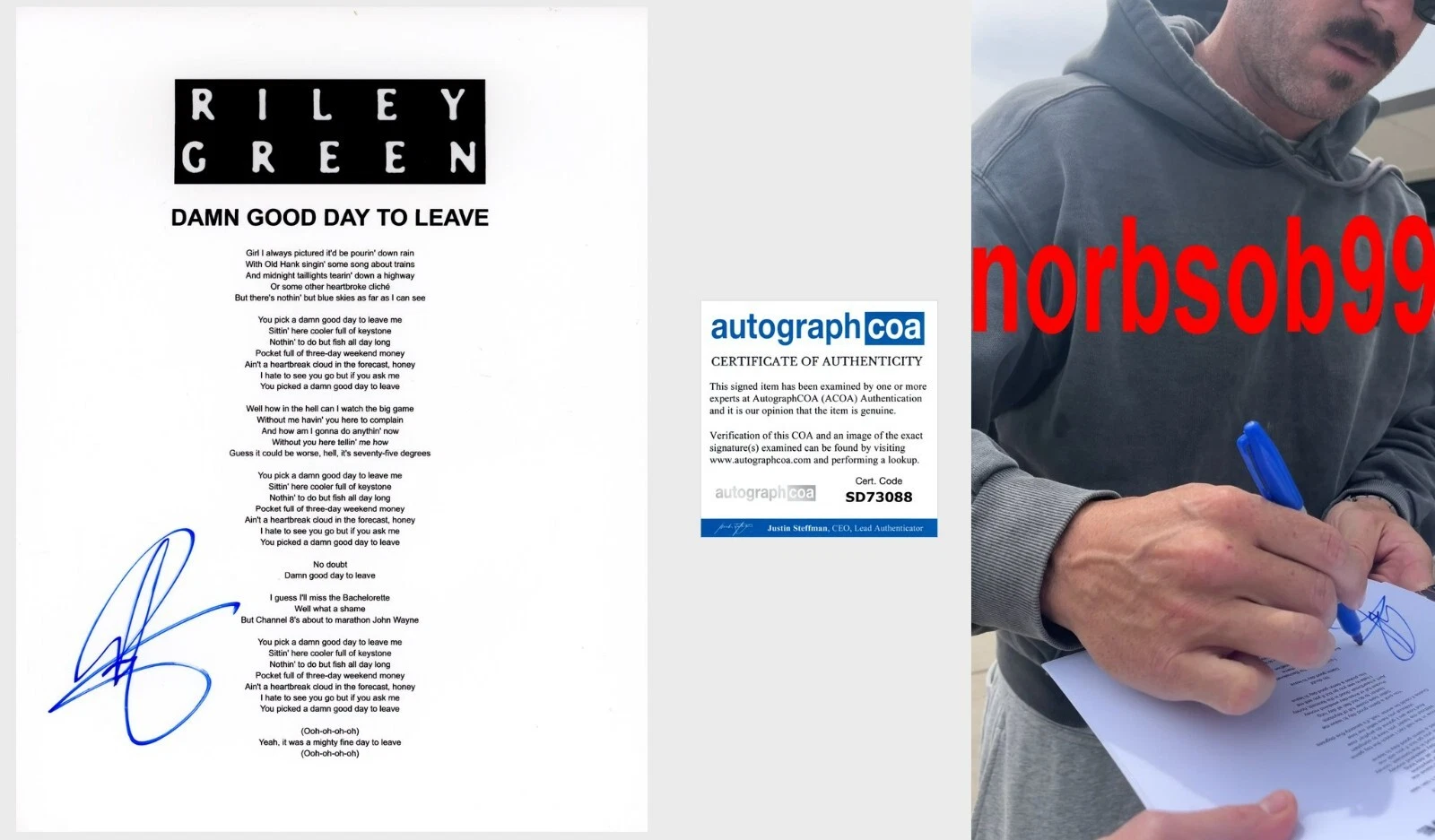 RILEY GREEN SIGNED DAMN GOOD DAY TO LEAVE LYRIC SHEET w/EXACT PROOF & ACOA COA