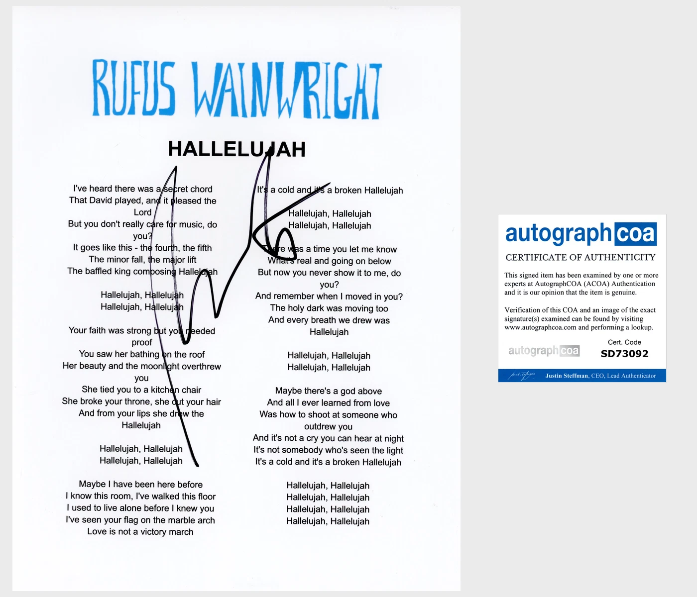 RUFUS WAINWRIGHT SIGNED HALLELUJAH LYRIC SHEET w/PROOF & AUTOGRAPH ACOA COA