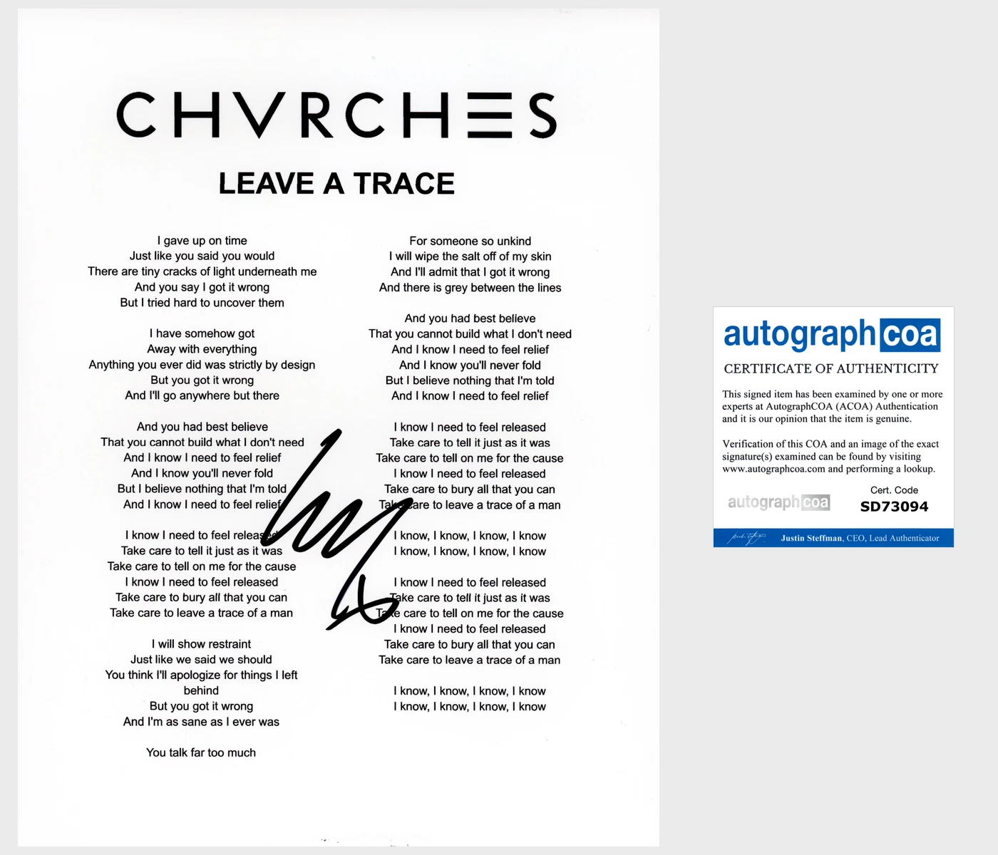 LAUREN MAYBERRY SIGNED CHVRCHES LEAVE A TRACE LYRIC SHEET wPROOF & AUTOGRAPH COA