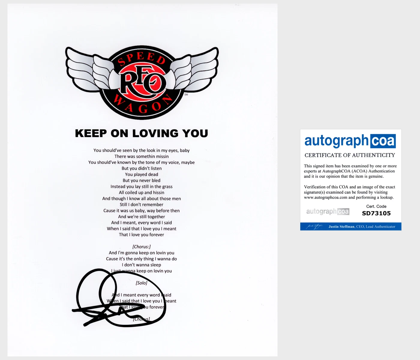 KEVIN CRONIN SIGNED R.E.O. SPEEDWAGON KEEP ON LOVING YOU LYRICS SHEET & ACOA COA