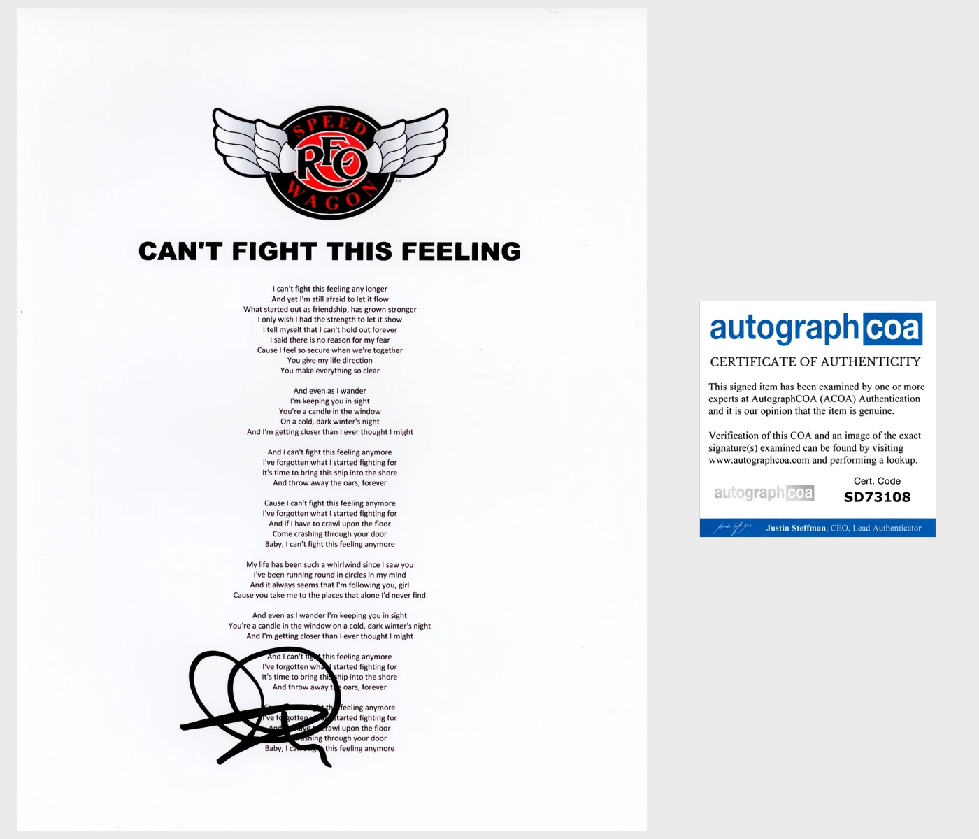 KEVIN CRONIN SIGNED R.E.O. SPEEDWAGON CAN'T FIGHT THIS FEELING LYRIC SHEET & COA