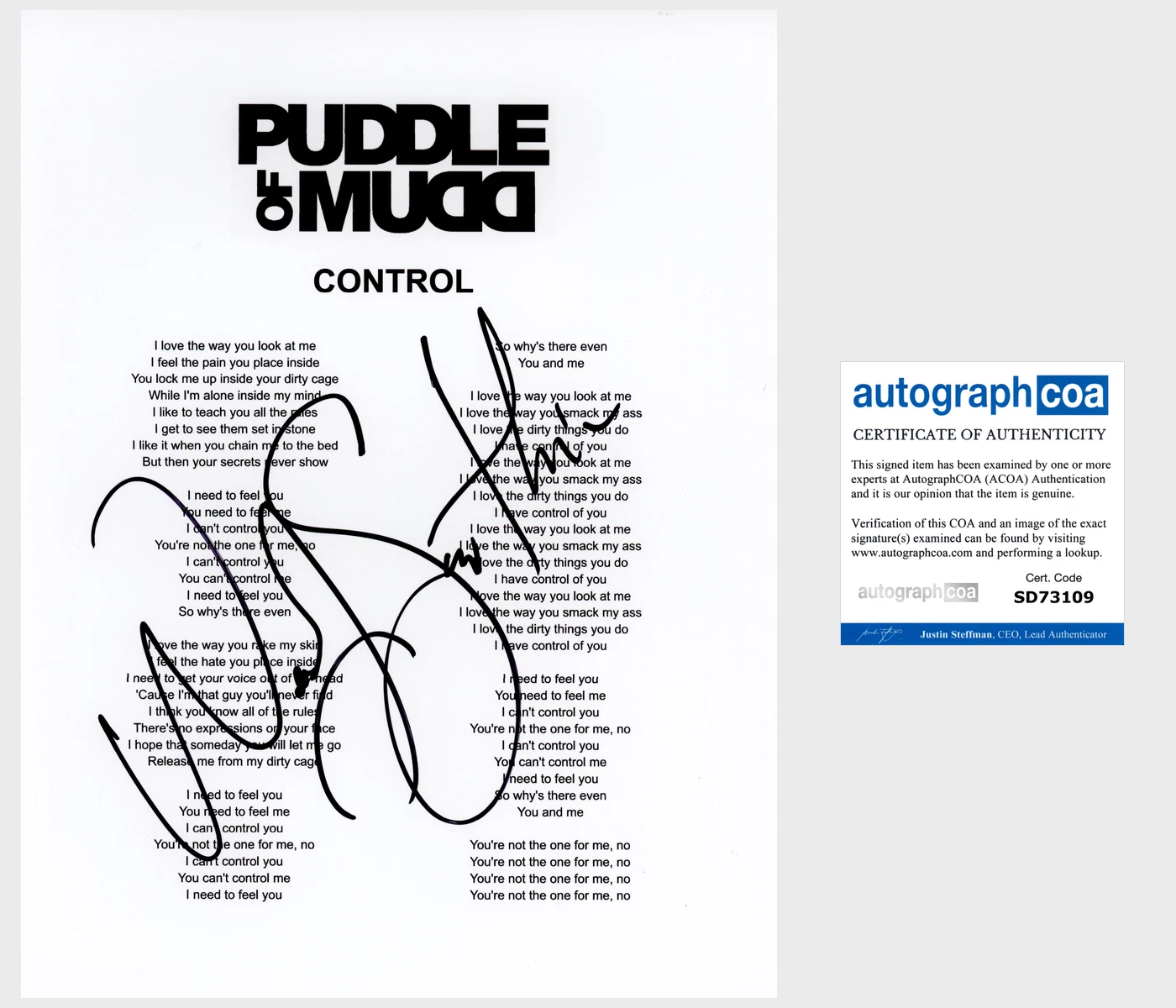 WES WESLEY SCANTLIN SIGNED PUDDLE OF MUDD CONTROL LYRIC SHEET w/PROOF & ACOA COA