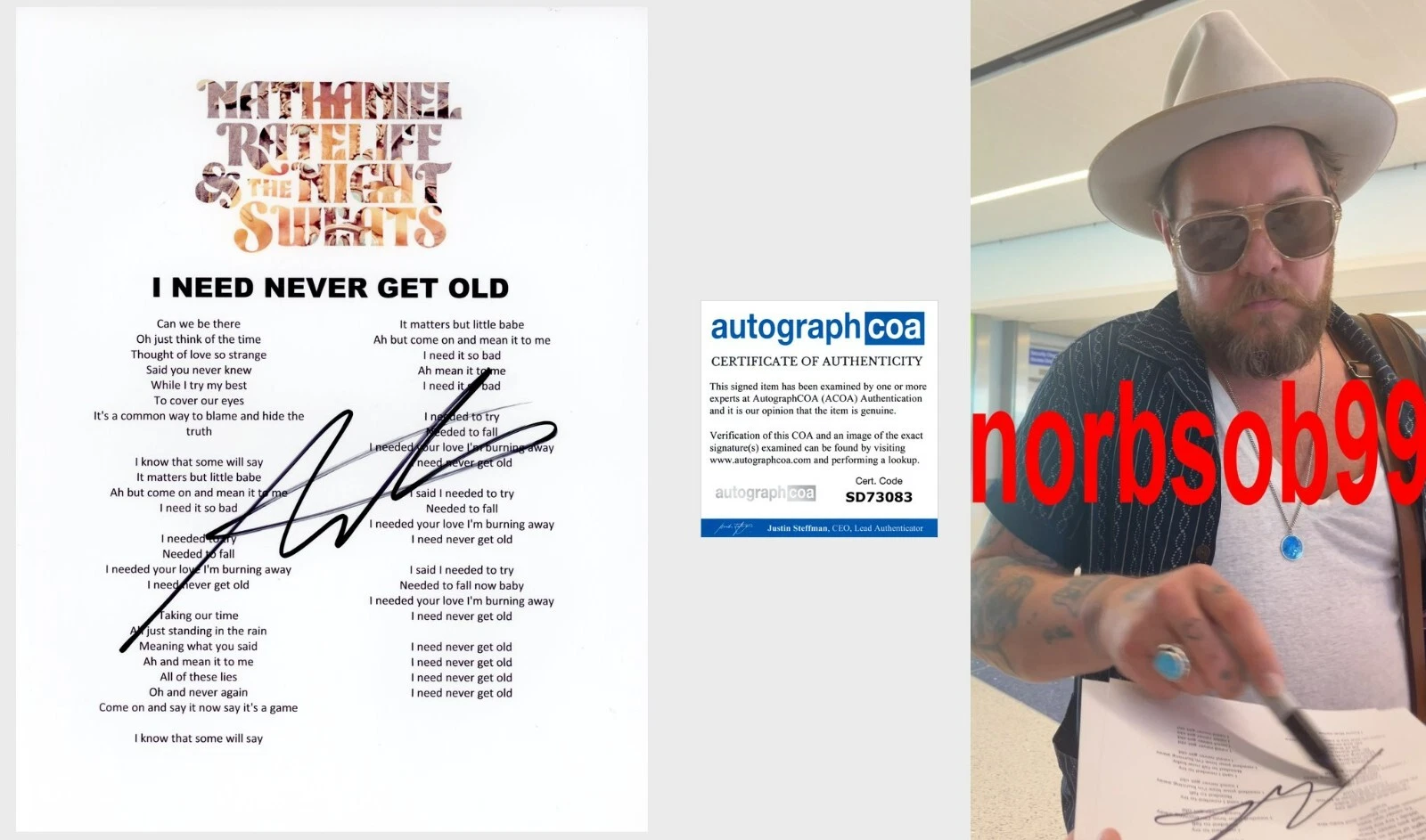 NATHANIEL RATELIFF & THE NIGHT SWEATS SIGNED LYRIC SHEET C w/EXACT PROOF & COA