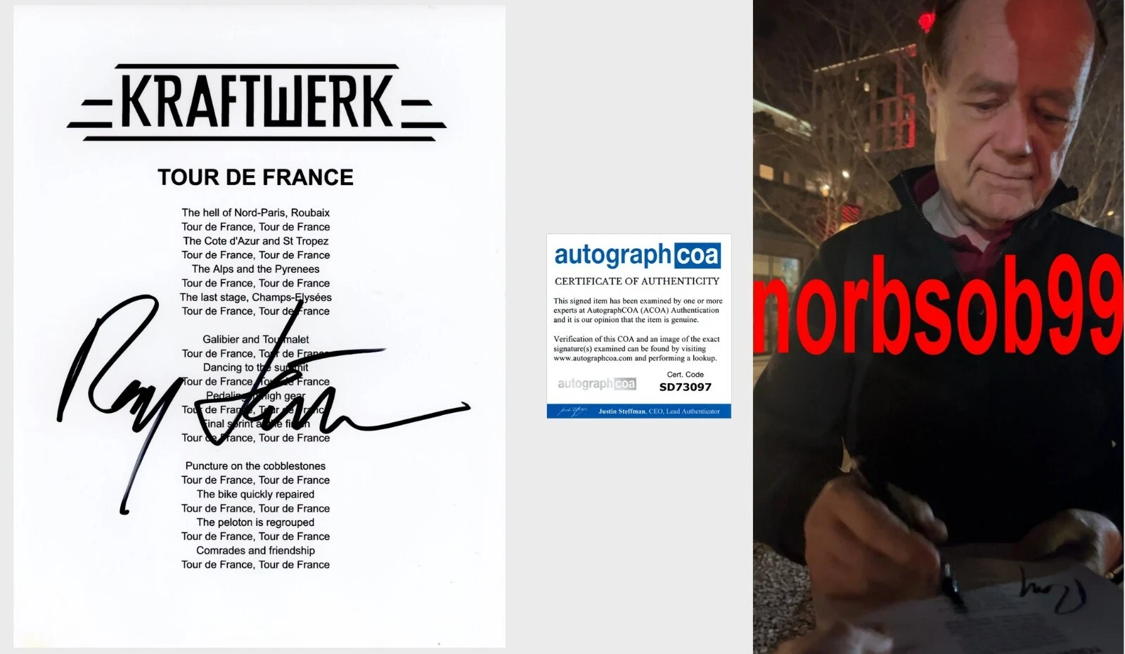 RALF HUTTER KRAFTWERK SIGNED TOUR DE FRANCE LYRIC SHEET w/EXACT PROOF & ACOA COA