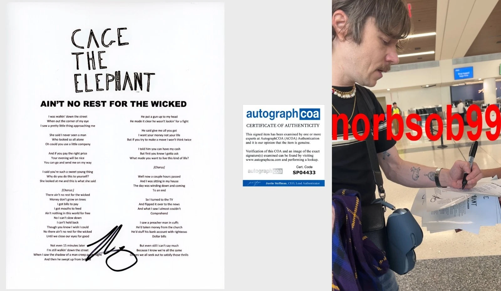 MATT SHULTZ SIGNED CAGE THE ELEPHANT AIN'T NO REST LYRIC SHEET w/EXACT PROOF COA