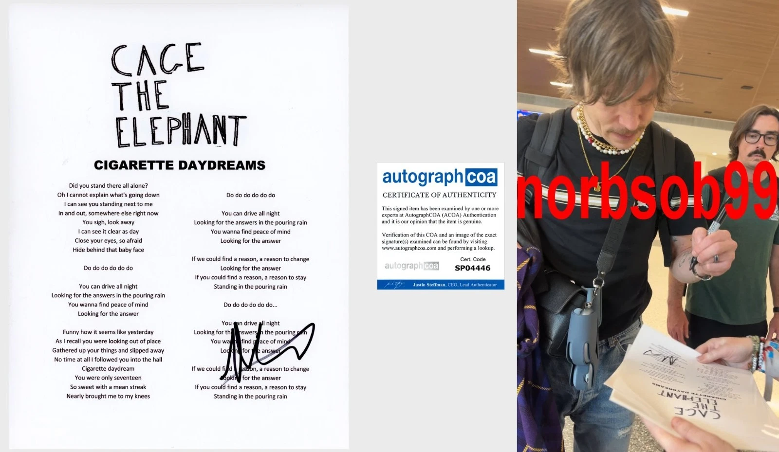 MATT SHULTZ SIGNED CAGE THE ELEPHANT CIGARETTE DAYDREAMS LYRIC w/EXACT PROOF COA