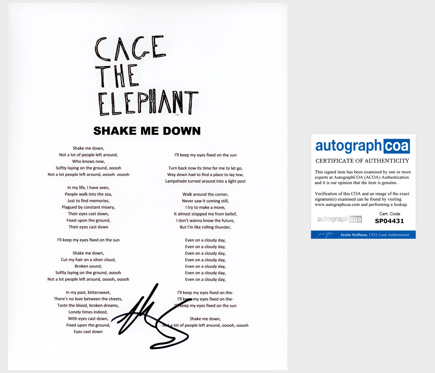 MATT SHULTZ SIGNED CAGE THE ELEPHANT SHAKE ME DOWN LYRIC SHEET w/PROOF & COA