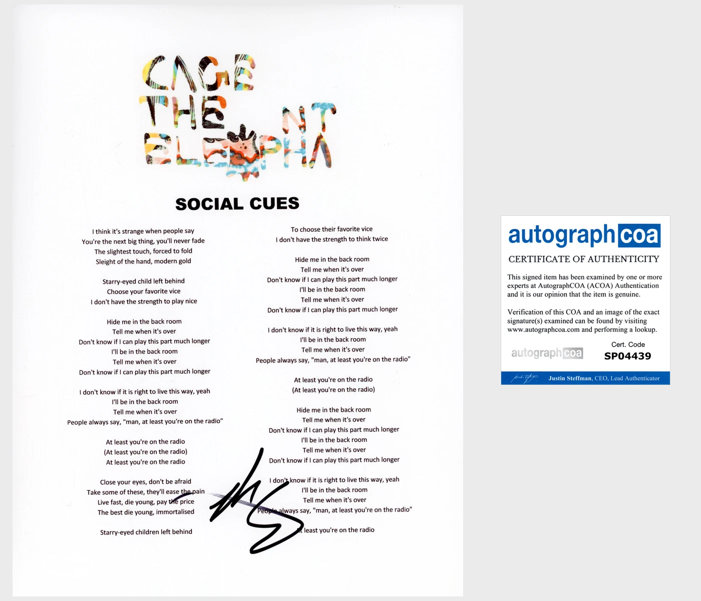 MATT SHULTZ SIGNED CAGE THE ELEPHANT SOCIAL CUES LYRIC SHEET w/PROOF & COA