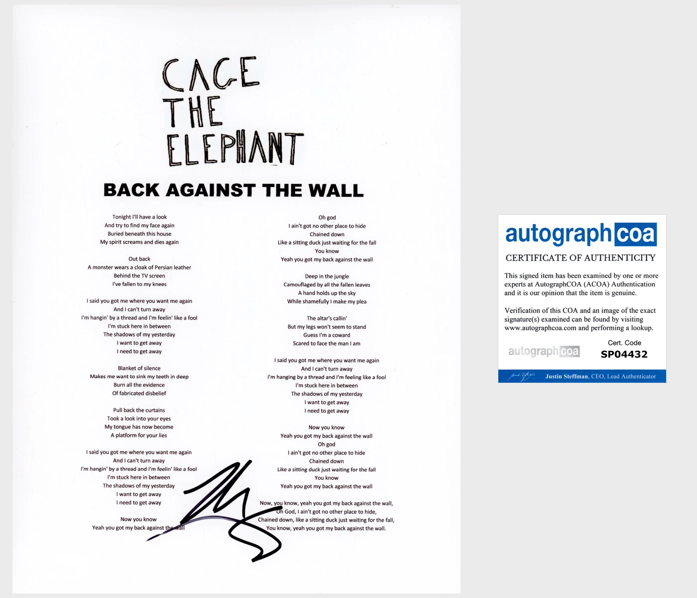 MATT SHULTZ SIGNED CAGE THE ELEPHANT BACK AGAINST THE WALL LYRIC w/PROOF & COA