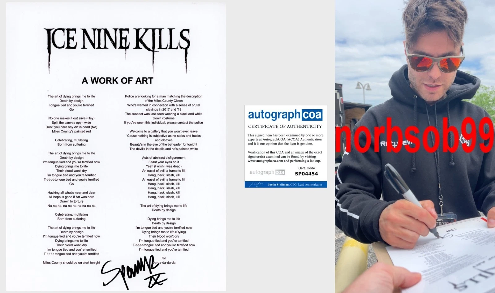 SPENCER CHARNAS SIGNED ICE NINE KILLS A WORK OF ART LYRIC SHEET wEXACT PROOF COA